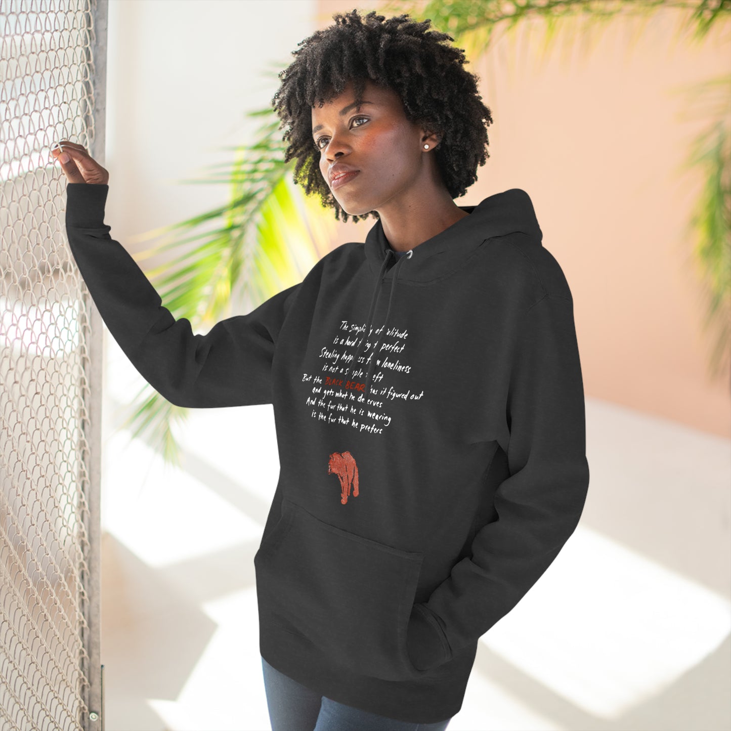 The Black Bear Fleece Hoodie (unisex) - the fur that he is wearing is the fur that he prefers