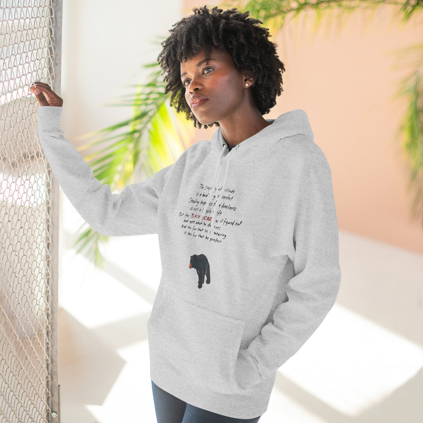 The Black Bear Fleece Hoodie (unisex) - the fur that he is wearing is the fur that he prefers