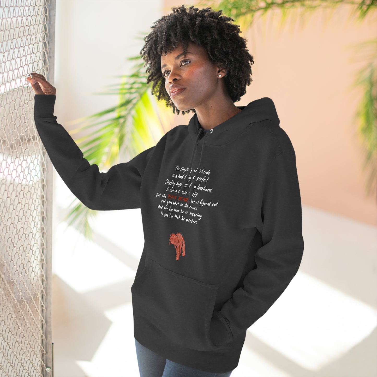 The Black Bear Fleece Hoodie (unisex) - the fur that he is wearing is the fur that he prefers